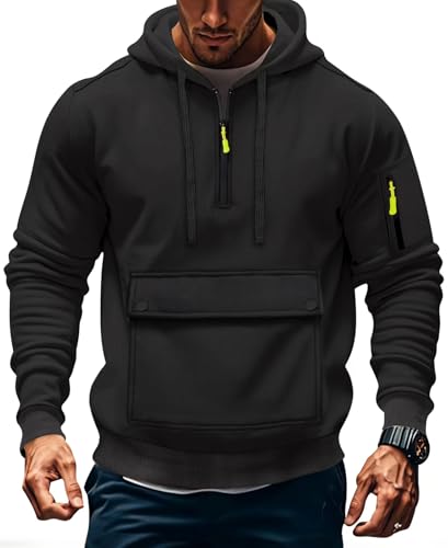 MEDUOLA Herren Sweatshirt mit Kapuze halber Reißverschluss Pullover Jogging Hoodie Jungen und Männer Kapuzenpullover Taschen vielseitig Hoodie L,Schwarz von MEDUOLA