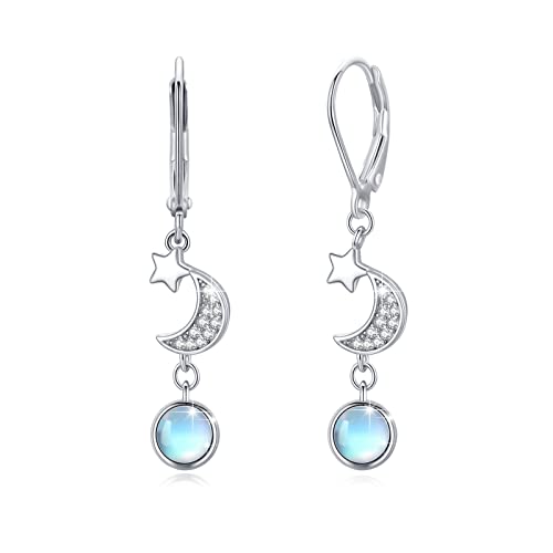 Mondstein Ohrringe Frauen 925 Sterling Silber Stern Ohrringe Mond Mondstein Tropfen Ohrringe Stern Hänge Ohrringe Regenbogen Mondstein Schmuck für Frauen Tochter Damen Freundin Liebhaber von MEDWISE