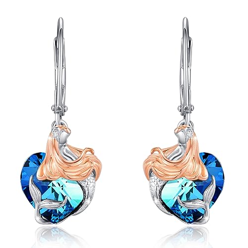 Meerjungfrauen Schmuck: 925 Sterling Silber Herz Kristall Ohrhänger Hängend Ohrringe - Geschenk für Mädchen, Mama, Ehefrau, Freundin, Damen von MEDWISE