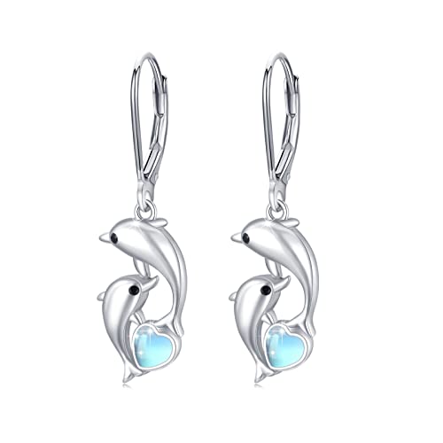 Delfin Creolen Ohrringe Damen 925 Sterling Silber Delfin Tropfen Ohrringe mit Herz Mondstein Ohrringe Delphin Schmuck Geschenk für Mutter Mama Damen Ehefrau Frauen Mädchen Freundin Weihnachten von MEDWISE