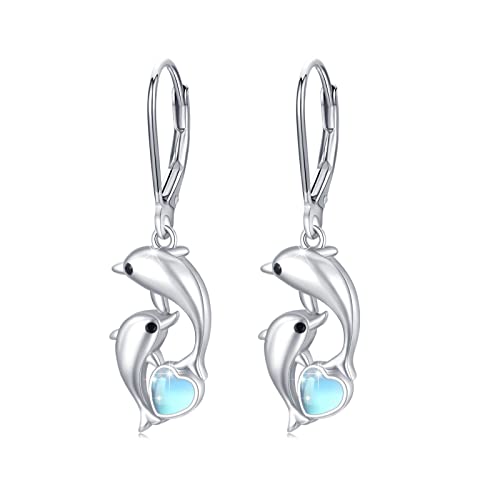 Delfin Creolen Ohrringe Damen 925 Sterling Silber Mit Herz Mondstein - Delphin Schmuck Geschenk für Mutter, Mama, Ehefrau, Frauen, Mädchen, Freundin - Weihnachten von MEDWISE