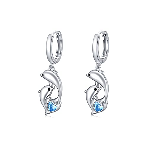 Delfin Creolen Ohrringe für Damen 925 Sterling Silber Delfin Baumeln mit Blau Kristallen Tropfen Ohrringe Delfin Schmuck Muttertagsgeschenk Geschenke für Mutter Mama Frauen Mädchen Kinder von MEDWISE