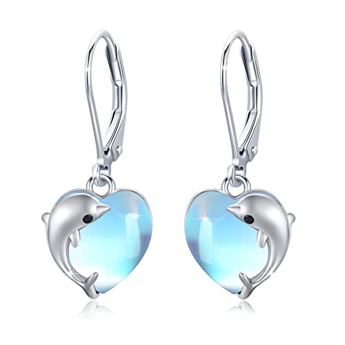 Delfin Ohrringe 925 Sterling Silber Delfin Mondstein Ohrringe Herz Ohrringe Hängend Damen Delfin Schmuck Geschenk für Mutter Mädchen Mama Tochter Ehefrau Geschenk von MEDWISE