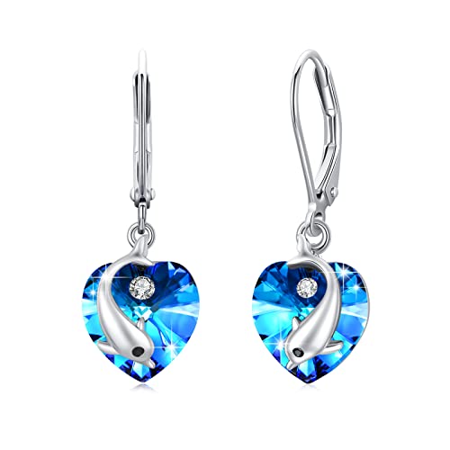 Delfin Ohrringe 925 Sterling Silber Herz Kristall Ohrhänger Hängend Damen Tier Delphin Schmuck für Mädchen Mama Mutter Tochter Frauen Kinder von MEDWISE