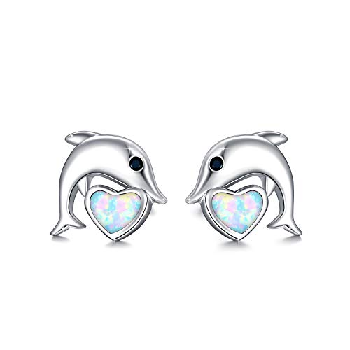 Delfin Ohrstecker 925 Sterling Silber - Delphin Ohrringe Mit Herz Und Opal - Meeresbewohner Ohrschmuck - Geschenke Für Frauen, Mädchen, Kinder, Tochter von MEDWISE