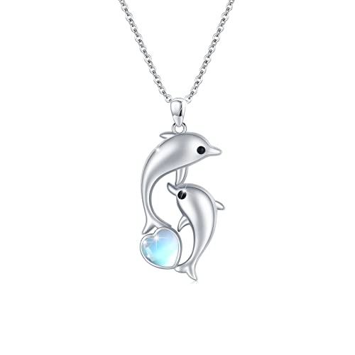 MEDWISE Delphin Kette Damen 925 Sterling Silber Delfin Anhänger Halskette Herz Mondstein Delphin Geschenke Muttertagsgeschenk Weihnachts Schmuck Ketten für Mutter Damen Mädchen von MEDWISE