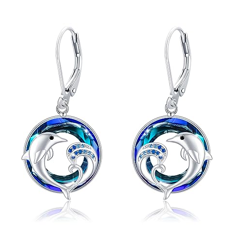 Delphin Ohrringe Damen 925 Sterling Silber Delfin Baumeln mit Blau Kristallen Tropfen Ohrringe Delfin Anhänger Ozean Delfin Schmuck für Mutter Frauen Mädchen Frau Geburtstagsgeschenk von MEDWISE