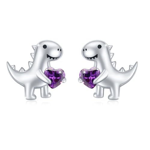 Dinosaurier Ohrringe Mädchen 925 Sterling Silber Dinosaurier Ohrstecker mit Dunkellila Herz Zirkonia Ohrringe Tier Ohrringe Dino Ohrringe Schmuck Geschenke Hypoallergen für Frauen Kinder Tochter von MEDWISE