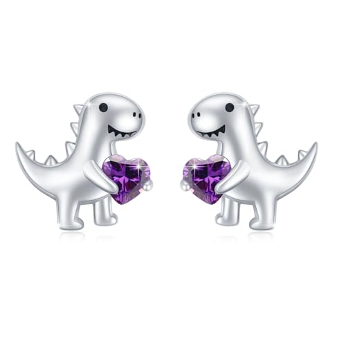 Dinosaurier Ohrringe Mädchen 925 Sterling Silber Dinosaurier Ohrstecker mit Dunkellila Herz Zirkonia Tier Ohrringe Dino Schmuck Geschenke Hypoallergen für Frauen Tochter von MEDWISE