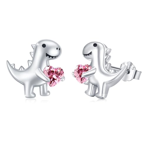 Dinosaurier Ohrringe Mädchen 925 Sterling Silber Dinosaurier Ohrstecker mit Hell Pink Herz Zirkonia Ohrringe Tier Ohrringe Dino Ohrringe Schmuck Geschenke Hypoallergen für Frauen Kinder Tochter von MEDWISE