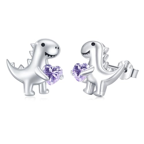 Dinosaurier Ohrringe Mädchen 925 Sterling Silber Dinosaurier Ohrstecker mit Helles Lila Herz Zirkonia Ohrringe Tier Ohrringe Schmuck Geschenke Hypoallergen für Frauen Kinder Tochter Weihnachts von MEDWISE