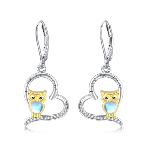MEDWISE Eulen Ohrringe Mädchen 925 Sterling Silber Herz Ohrringe Hängend Eulen Mondstein Ohrringe Eulen Schmuck für Mädchen Kinder Damen Mutter Freundin von MEDWISE