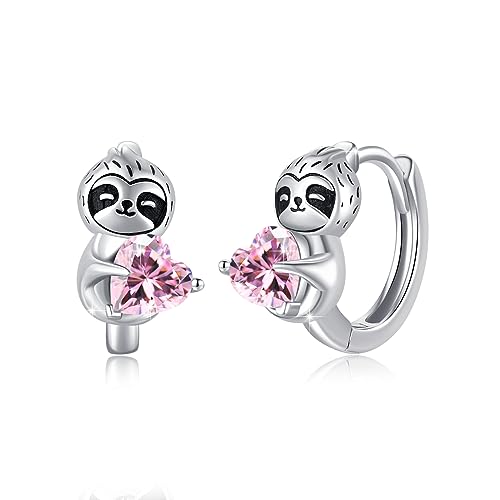 Faultier Creolen Ohrringe Mädchen 925 Sterling Silber Faultier Ohrringe mit Hell Pink Herz Zirkonia Tier Ohrringe Faultier Schmuck Geschenke für Frauen Mädchen Kinder Tochter Damen Mutter Freundin von MEDWISE