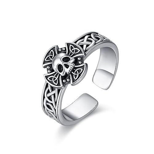 Totenkopf Ring 925 Sterling Silber Keltischer Kreuz Totenkopf Ringe Einstellbar Offener Gothic Ringe Keltische Totenkopf Schmuck Geschenke für Damen Herren Sohn Teenager Mädchen Geschenk von MEDWISE