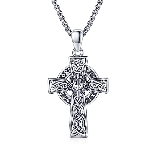 MEDWISE Keltisches Halskette 925 Sterling Silber Wikinger Wolf Kette Keltisches Kreuz Anhänger Vintage Kreuz Anhänger Amulett Schmuck für Herren Damen Jungen Männer von MEDWISE