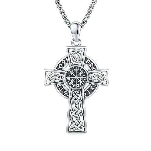 Keltisches Halskette 925 Sterling Silber Wikinger Kreuz Kette Vegvisir Keltisches Kreuz Anhänger Keltisches Knoten Kette Keltisches Anhänger Amulett Schmuck für Herren Männer Jungen Sohn Männer Damen von MEDWISE