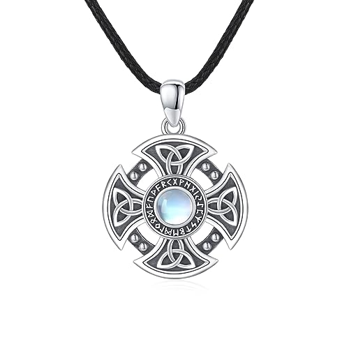 Keltisches Knoten Halskette 925 Sterling Silber Kette ViKing Kreuz Keltisches Kreuz Anhänger Mondstein Anhänger Amulett Keltisches Schmuck für Herren Damen Sohn Jungen Männer von MEDWISE