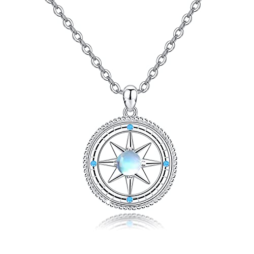 MEDWISE Kompass Halskette 925 Sterling Silber Mondstein Kette Kompass Anhänger Regenbogenstein Kette Amulett Mondstein Schmuck für Damen Tochter Frauen Tochter Freund Geschenke von MEDWISE