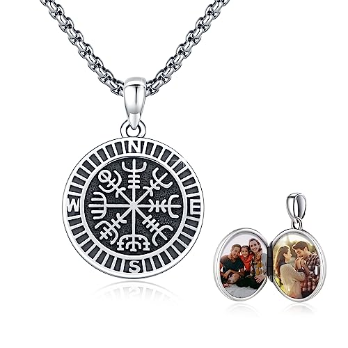 Kompass Medaillon Halskette 925 Sterling Silber Wikinger Kette Medaillon Anhänger Foto Medaillon Amulett Medallion mit Foto Kompass Schmuck für Herren Jungen Damen Geschenke 20+2'' Edelstahlkette von MEDWISE