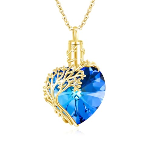 MEDWISE 14K Gold Baum des Lebens Urne Halskette für Asche 925 Sterling Silber Urne Anhänger mit Blauer Kristall Halskette Baum des Lebens Memorial Cremation Anhänger Schmuck für Frauen von MEDWISE