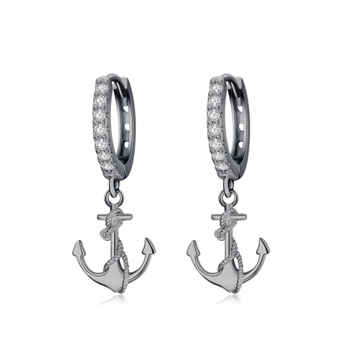 MEDWISE Anker Creolen Ohrringe Schwarz S925 Sterling Silber für Mädchen Damen Freundin Unisex Tochter - Hypoallergener Schmuck - Geburtstag Geschenk von MEDWISE