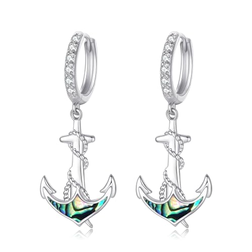 MEDWISE Anker Ohrringe 925 Sterling Silber Creolen Mädchen Ohrringe Abalone Muschel Tropfen Ohrringe Anker Anhänger Schmuck für Damen Frauen Mädchen Freundin Kinder Geburtstags Geschenke Valentinstag von MEDWISE