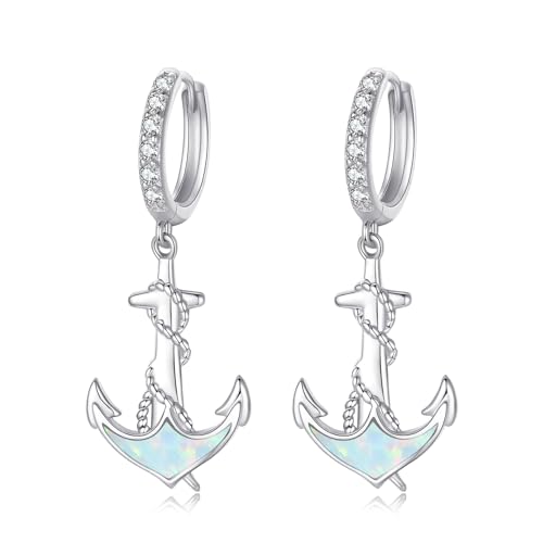 MEDWISE Anker Ohrringe 925 Sterling Silber Tropfen Creolen Mädchen Ohrringe weißer Opal Ohrringe Anker Anhänger Schmuck für Damen Frauen Mädchen Freundin Kinder Geburtstags Geschenke Geschenk-Box von MEDWISE