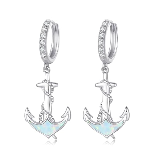 MEDWISE Anker Ohrringe 925 Sterling Silber Tropfen Creolen Mit Weißem Opal Anhänger - Schmuck für Damen, Frauen, Mädchen, Freundin, Kinder - Geburtstagsgeschenk Mit Geschenk-Box von MEDWISE