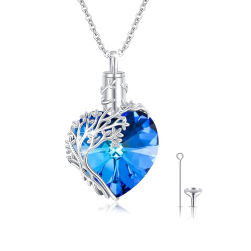 MEDWISE Baum des Lebens Urne Halskette für Asche 925 Sterling Silber Herz Kristall Urne Anhänger mit Blauer Kristall Halskette Baum des Lebens Memorial Cremation Anhänger Schmuck für Frauen von MEDWISE