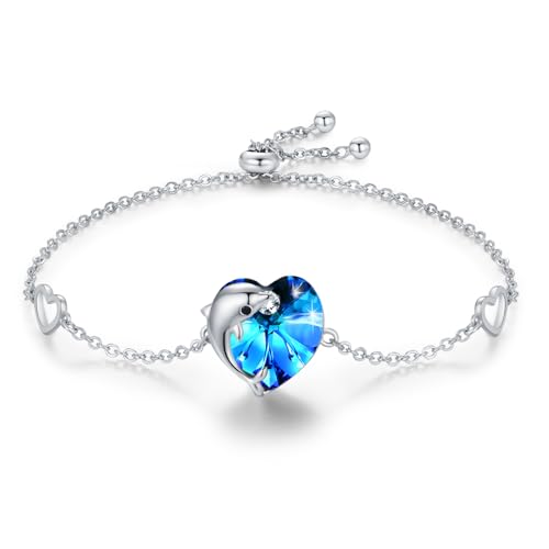 MEDWISE Delfin Anhänger Armband S925 Sterling Silber Delfin Armbänder Blau Kristall Verstellbar Herz Armbändchen Delfin Schmuck für Damen Mädchen Ehefrau Freundin Tochter Mama Geburtstagsgeschenk von MEDWISE