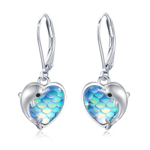 MEDWISE Delfin Ohrringe 925 Sterling Silber Herz Ohrringe Hängend Mädchen Blaue Fischschuppen Delfin Schmuck für Mädchen Frauen Damen Tochter Kinder Geburtstag Weihnachts Geschenk von MEDWISE
