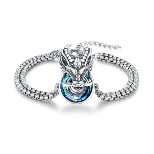MEDWISE Drachen Armband S925 Sterling Silber, Kristallanhänger mit Blauem Stein Verstellbar Drachen Schmuck für Unisex Männer Jungen Damen Geschenke 7+2'' Edelstahlkette von MEDWISE
