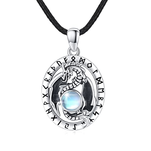 MEDWISE Drachen Halskette 925 Sterling Silber Drachen Anhänger mit Mondstein Wikinger Kette Retro Wikinger Halskette Schmuck Geschenke für Mutter Frauen Männer Herren von MEDWISE