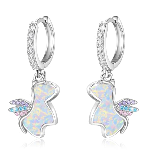 MEDWISE Einhorn Ohrringe Creolen Mädchen 925 Sterling Silber Einhorn Opal Ohrringe Mädchen Tiere Opal Schmuck für Frauen Tochter Geburtstag Einhorn Geschenk von MEDWISE