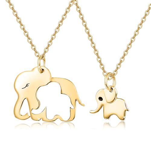 MEDWISE Elefant Halskette 925 Sterling Silber Mutter Kind Set Kette Elefant Gold Anhänger Vergoldete Kette Schmuck Geschenke für Mutter Frauen Mama Tochter Mädchen Muttertagsgeschenk（2 pcs） von MEDWISE