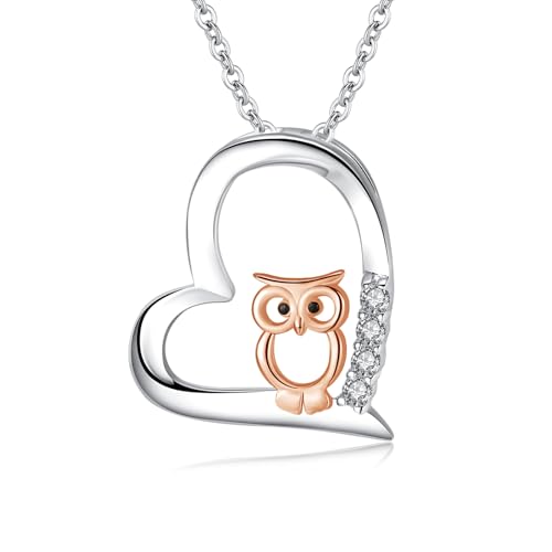 MEDWISE Eule Kette 925 Sterling Silber Two Tone Eule Herz Anhänger Roségold Eule Halskette Eulen Schmuck für Mutter Frauen Ehefrau Tochter Mädchen Geburtstag Weihnachts Geschenk von MEDWISE