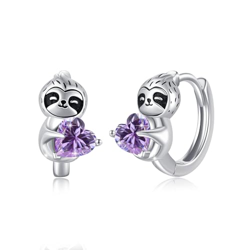 MEDWISE Creolen Faultier-Ohrringe mit Dunkellila Herz Zirkonia - 925 Sterling Silber von MEDWISE