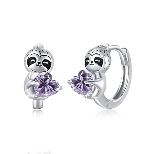 MEDWISE Faultier Creolen Ohrringe 925 Sterling Silber Mit Hellem Lila Herz Zirkonia - Tier Schmuck Geschenke für Frauen, Mädchen, Kinder, Tochter, Damen, Mutter von MEDWISE