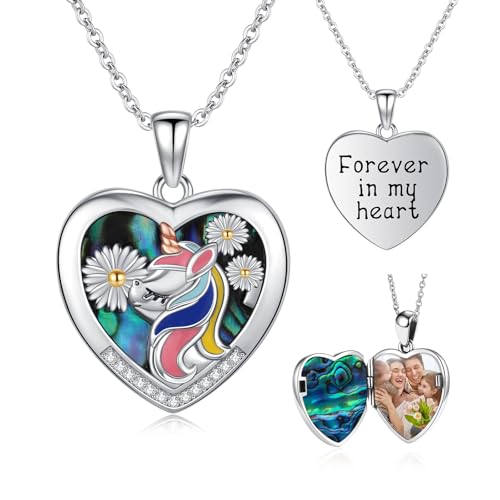 MEDWISE Einhorn Halskette mit foto 925 Sterling Silber Einhorn Herz Gänseblümchen Kette Anhänger Foto Medaillon Foto Abalone Muschel Schmuck für Damen Kinder Tochter Mädchen Geburtstag Weihnachts von MEDWISE