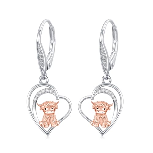 MEDWISE Hochland Kuh Ohrringe für Frauen 925 Sterling Silber Herz Hochland Kuh Hängend Ohrringe Tiere Schmuck Geschenke für Damen Mädchen Mutter Ehefrau Freund Tochter Geburtstag von MEDWISE