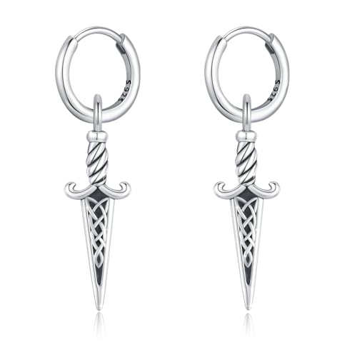 MEDWISE Keltische Dolch Creolen Ohrringe 925 Sterling Silber Keltische Ohrringe Schwert Anhänger Kreuz Tropfen Schmuck Geschenk für Herren Sohn Teenager Damen Männer von MEDWISE
