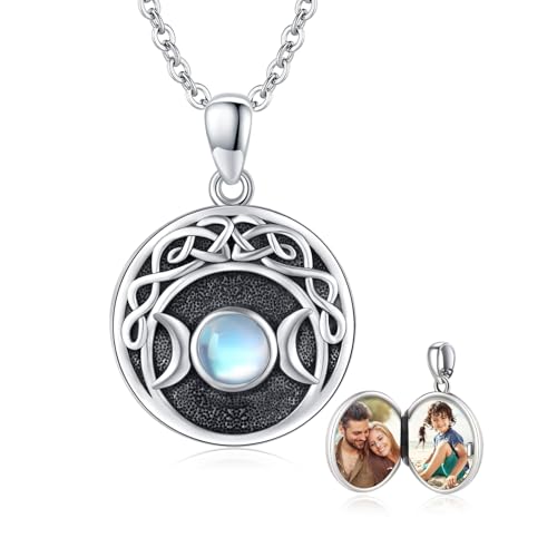 MEDWISE Keltisches Foto Medaillon Kette 925 Sterling Silber Triple Mond Kette Anhänger Medaillon Halskette Medaillon zum öffnen für Bilder Mondstein Schmuck Geschenke für Frauen Damen Mama von MEDWISE