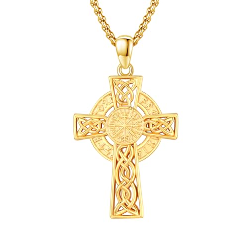 MEDWISE Keltisches Halskette 925 Sterling Silber Wikinger Kreuz GoldKette Vegvisir Kreuz Anhänger Keltisches Knoten Vergoldete Kette Amulett Schmuck für Herren Männer Jungen Damen Freundin von MEDWISE