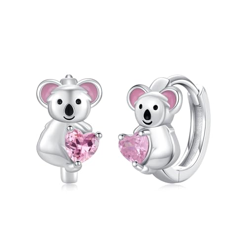 MEDWISE Koala Creolen Ohrringe Mädchen 925 Sterling Silber Koala Ohrringe mit Hell Pink Herz Zirkonia Tiere Koala Schmuck Geburtstag Geschenk für Damen Frauen Kinder Tochter Freundin Mutter Mama von MEDWISE