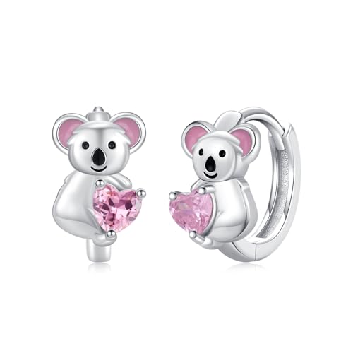 MEDWISE Koala Creolen Ohrringe Mädchen 925 Sterling Silber Mit Hell Pink Herz Zirkonia Tiere Schmuck Geburtstag Geschenk für Damen Frauen Kinder Tochter Freundin Mutter Mama von MEDWISE
