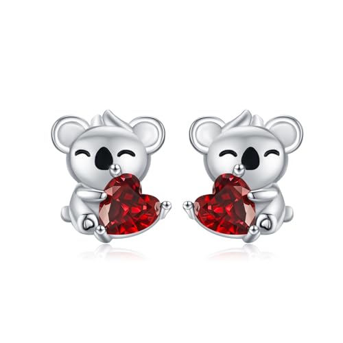MEDWISE Koala Geburtsstein Ohrringe Mädchen Licht-Granat 5mm Herz Januar Geburtsstein Hypoallergener Koala Geschenk für Mädchen Kinder Damen Tochter Geburtstag Kindertag Geschenk von MEDWISE