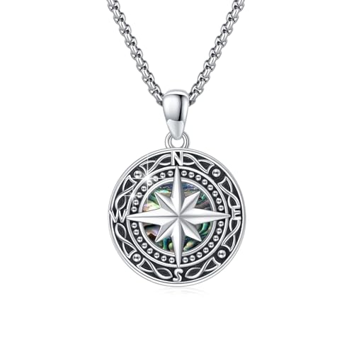 MEDWISE Kompass Halskette 925 Sterling Silber Keltisch Kette Kompass Abalone Muschel Anhänger Kompass Geschenk Schmuck für Mädchen Damen Herren Jungen Männer Abschlussgeschenke von MEDWISE