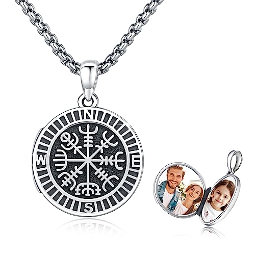 MEDWISE Kompass Medaillon Halskette 925 Sterling Silber Wikinger Kette Medaillon Anhänger Foto Medaillon Amulett Personalisiertes Medallion mit Foto Kompass Schmuck für Herren Jungen Damen Geschenke von MEDWISE