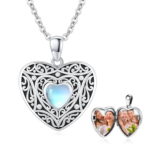 MEDWISE Medaillon Keltisches Halskette 925 Sterling Silber Herz Mondstein Kette Anhänger Foto Medaillon Amulett Medallion mit Foto Mondstein Schmuck für Damen Geschenke von MEDWISE