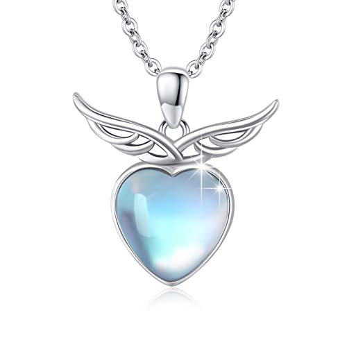 MEDWISE Mondstein Herz Halskette 925 Sterling Silber Engelsflügel Anhänger Mondsteinschmuck Geschenk für Frauen Mädchen von MEDWISE